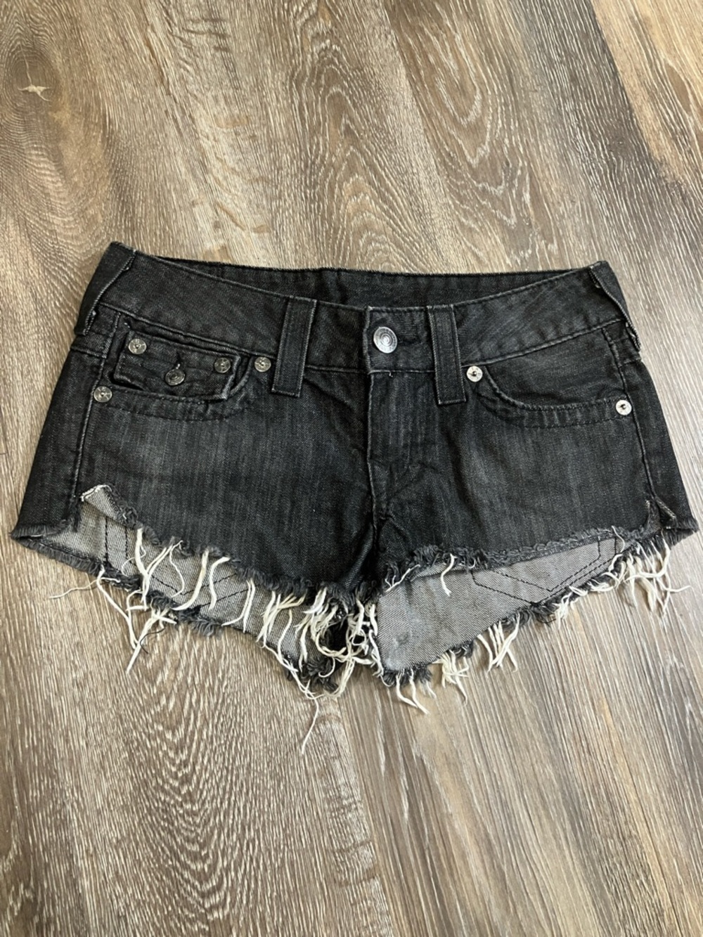 True Religion Black Frayed Denim Cutoff Shorts